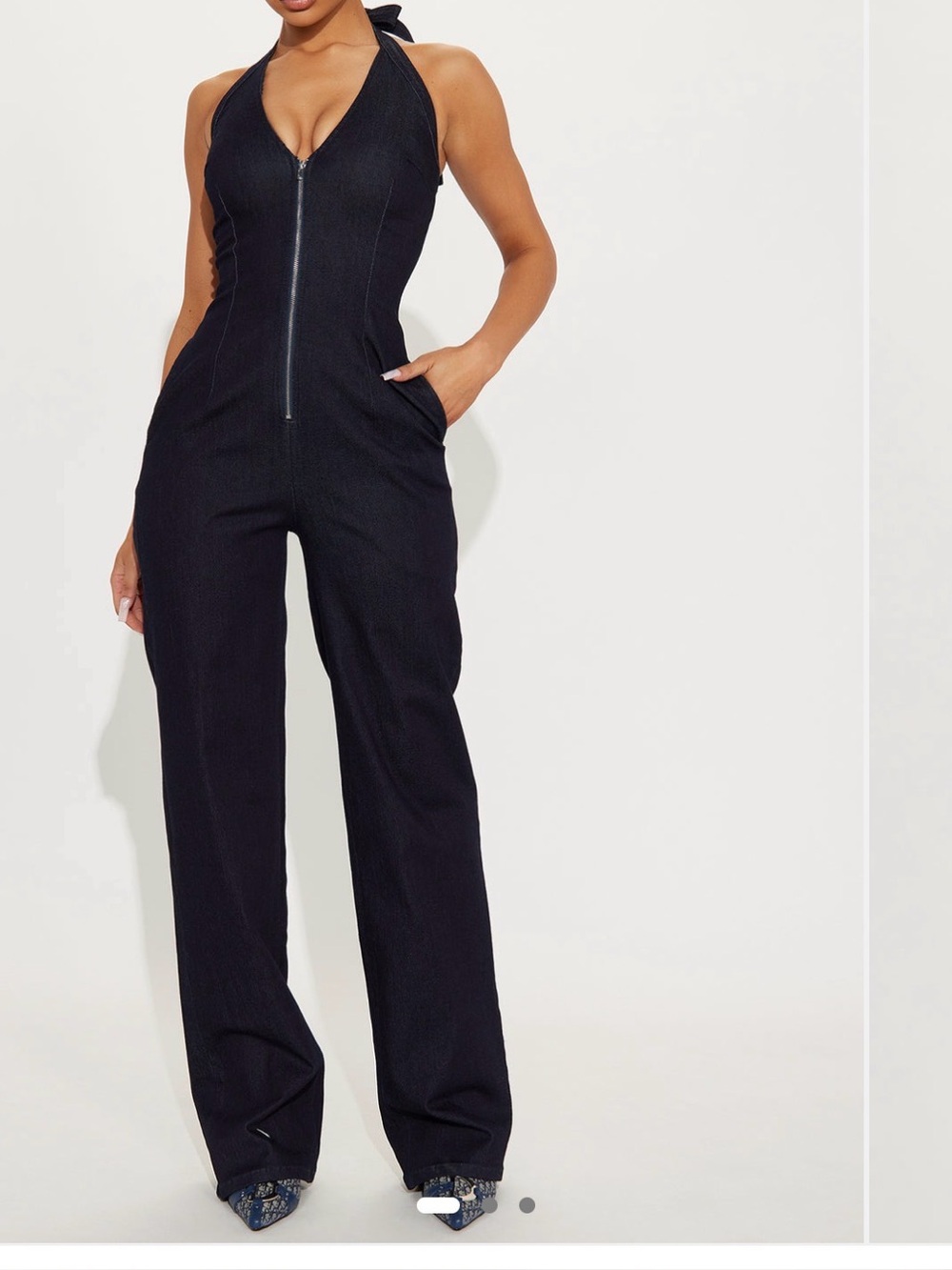 Halter Zip-Front dark denim Jumpsuit